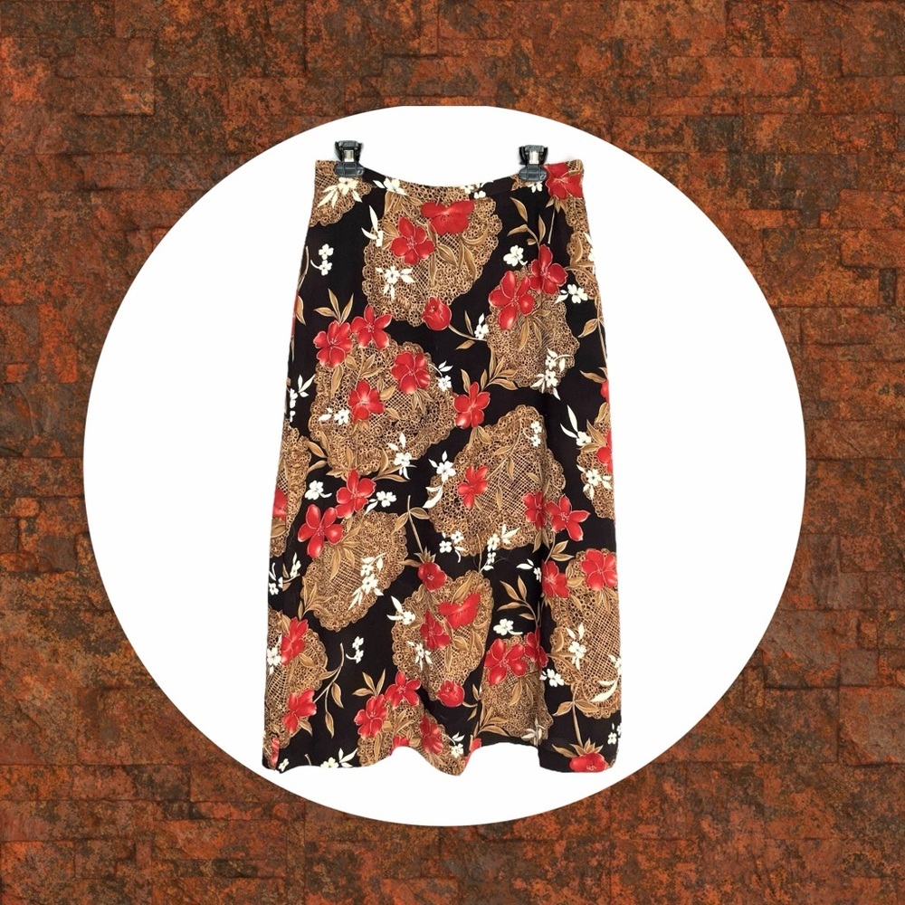 Kathie Lee Black, Beige Rust, Tan Floral Midi Polyester Skirt Women Sz 14